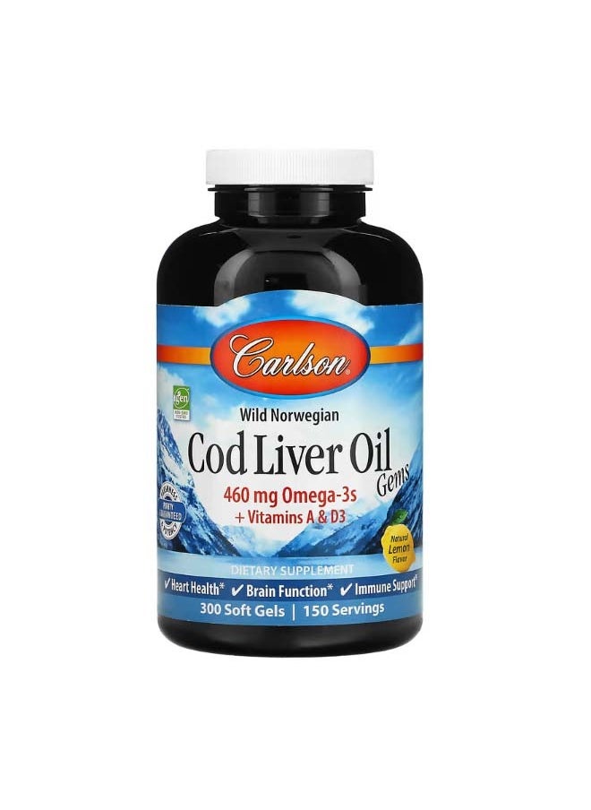 Wild Norwegian Cod Liver Oil Gems Natural Lemon 230 mg 300 Soft Gels