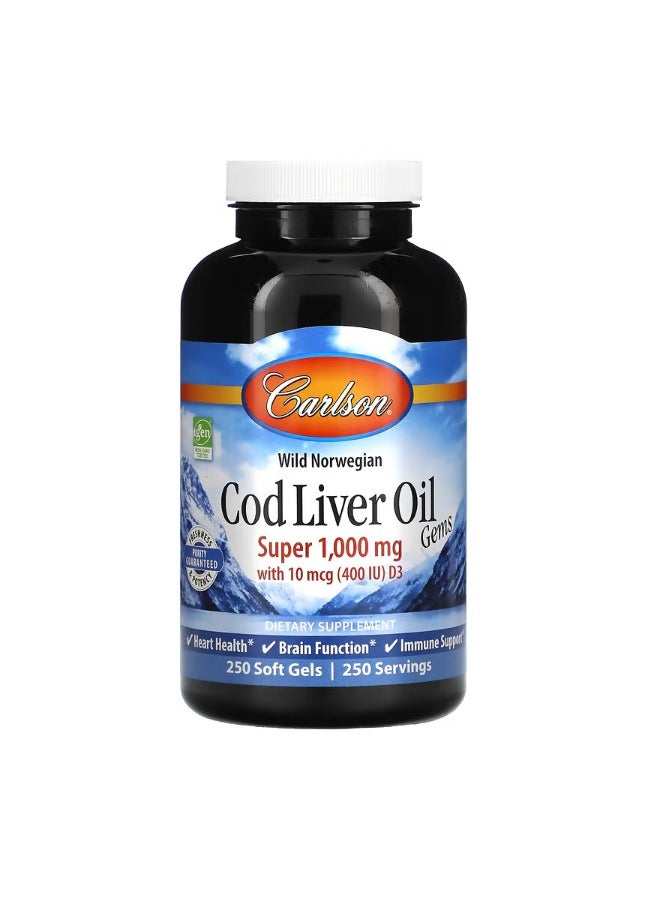 Wild Norwegian Cod Liver Oil Gems 1000 mg 250 Soft Gels