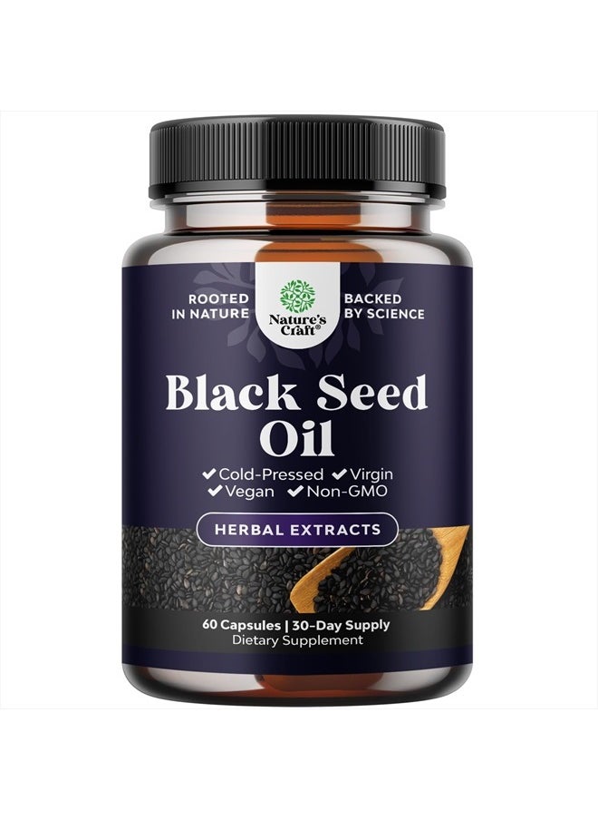 Vegan Black Seed Oil Capsules - Cold Pressed Nigella Sativa Black Cumin Seed Oil Capsules with Omega 3 6 9 Antioxidants and Thymoquinone for Hair Growth Immune Support Joint Health and Digestion