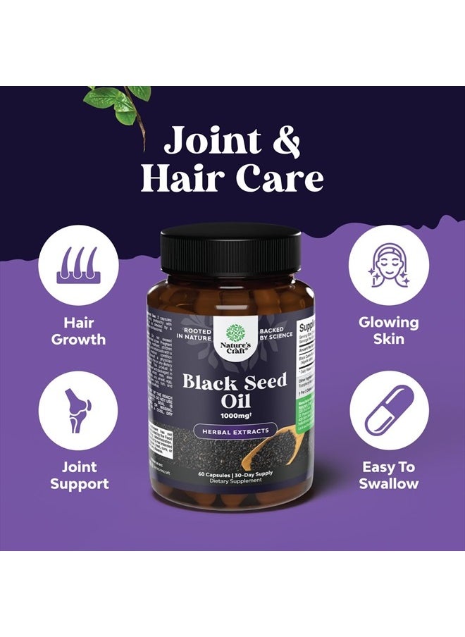 Vegan Black Seed Oil Capsules - Cold Pressed Nigella Sativa Black Cumin Seed Oil Capsules with Omega 3 6 9 Antioxidants and Thymoquinone for Hair Growth Immune Support Joint Health and Digestion