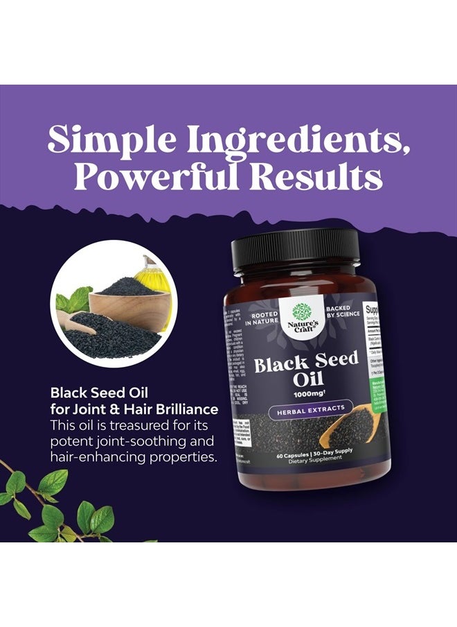 Vegan Black Seed Oil Capsules - Cold Pressed Nigella Sativa Black Cumin Seed Oil Capsules with Omega 3 6 9 Antioxidants and Thymoquinone for Hair Growth Immune Support Joint Health and Digestion