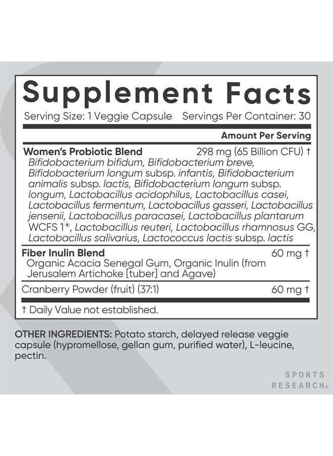Women's Probiotics with Prebiotics, 65 Billion CFU - Vegan Capsules for Gut Health & Digestive Support, Probiotics for Women with Cranberry - Non-GMO Verified & Gluten Free - 30 Count