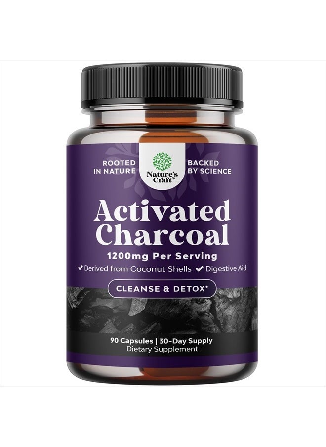 Cleanse and Detox Activated Charcoal Capsules - Purifying Detox Pills with 1200mg Per Serving Coconut Charcoal Powder for Bloating Relief and Body Detox Cleanse - Active Charcoal for Gut Health - 90ct