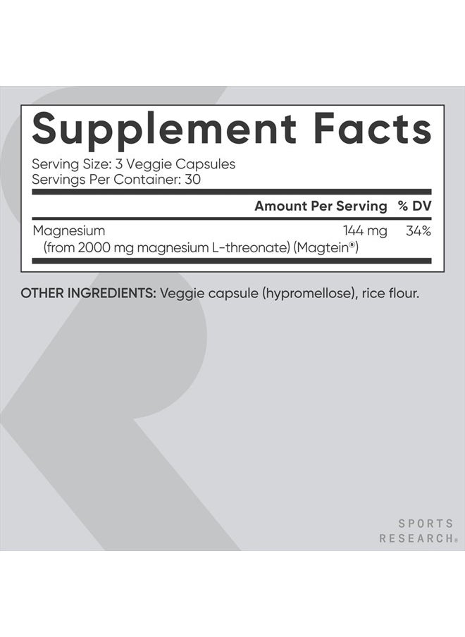 Magtein Magnesium L-Threonate Capsules - Magnesium Supplement for Memory, Focus & Cognition - Magnesium L Threonate Supports Brain Health, Sleep & Mood - 2000mg, 90 Capsules for Adults