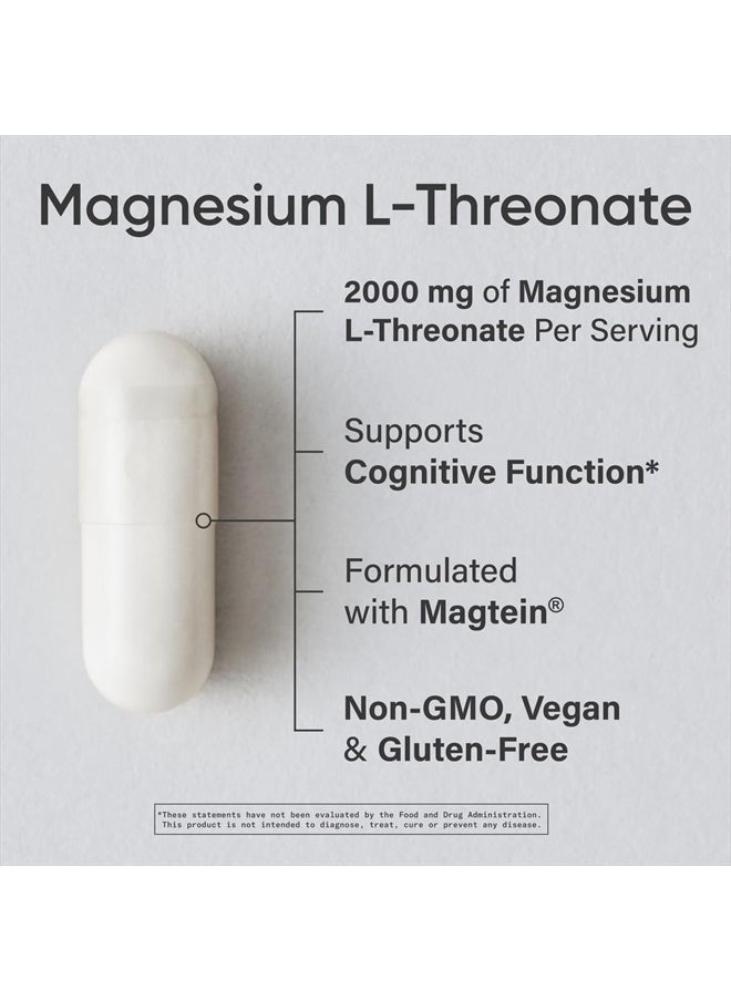 Magtein Magnesium L-Threonate Capsules - Magnesium Supplement for Memory, Focus & Cognition - Magnesium L Threonate Supports Brain Health, Sleep & Mood - 2000mg, 90 Capsules for Adults