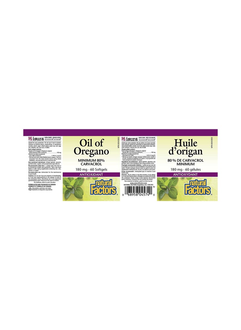 Natural Factors - Oil of Oregano 180mg, With Extra Virgin Olive Oil, 60 Count