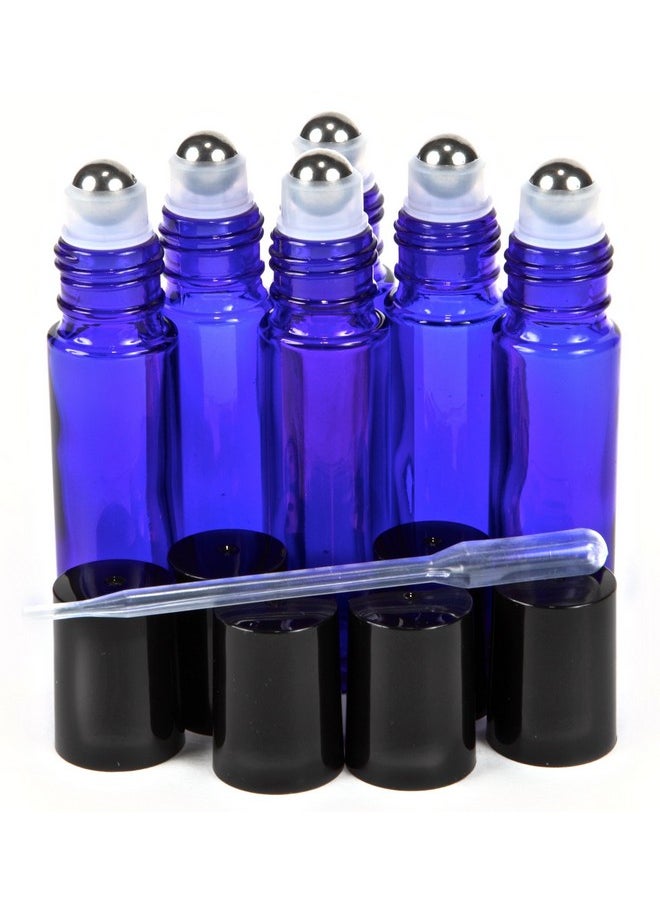 , 6, Cobalt Blue, 10 Ml Glass Roll-On Bottles With Stainless Steel Roller Balls - .5 Ml Dropper Included