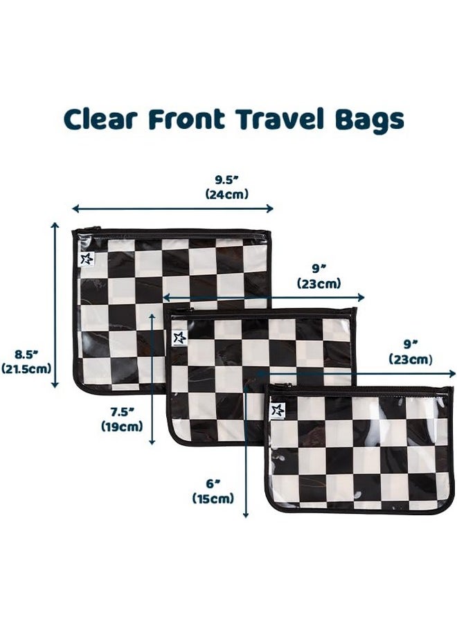 Mess-Proof Travel Bags, Airline Compliant, Zipper Closure, Clear Front Pouch, Diaper Bag Packing, Toiletry Or Cosmetics Organizer 3 Pack Set (Black Checkers)