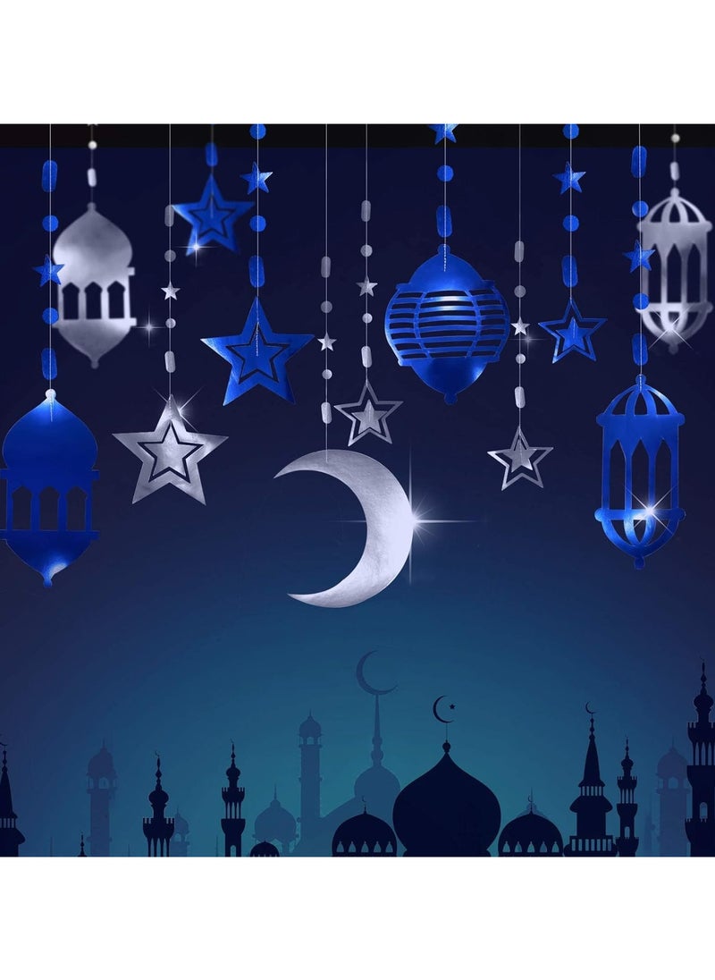 16pcs Gold Star Crescent Moon Lantern Ramadan Garland Eid Decoration Home Happy Ramadan Party Decor Hanging Streamer Wedding Backdrop Banner Ramadan Party Supplies (Blue)