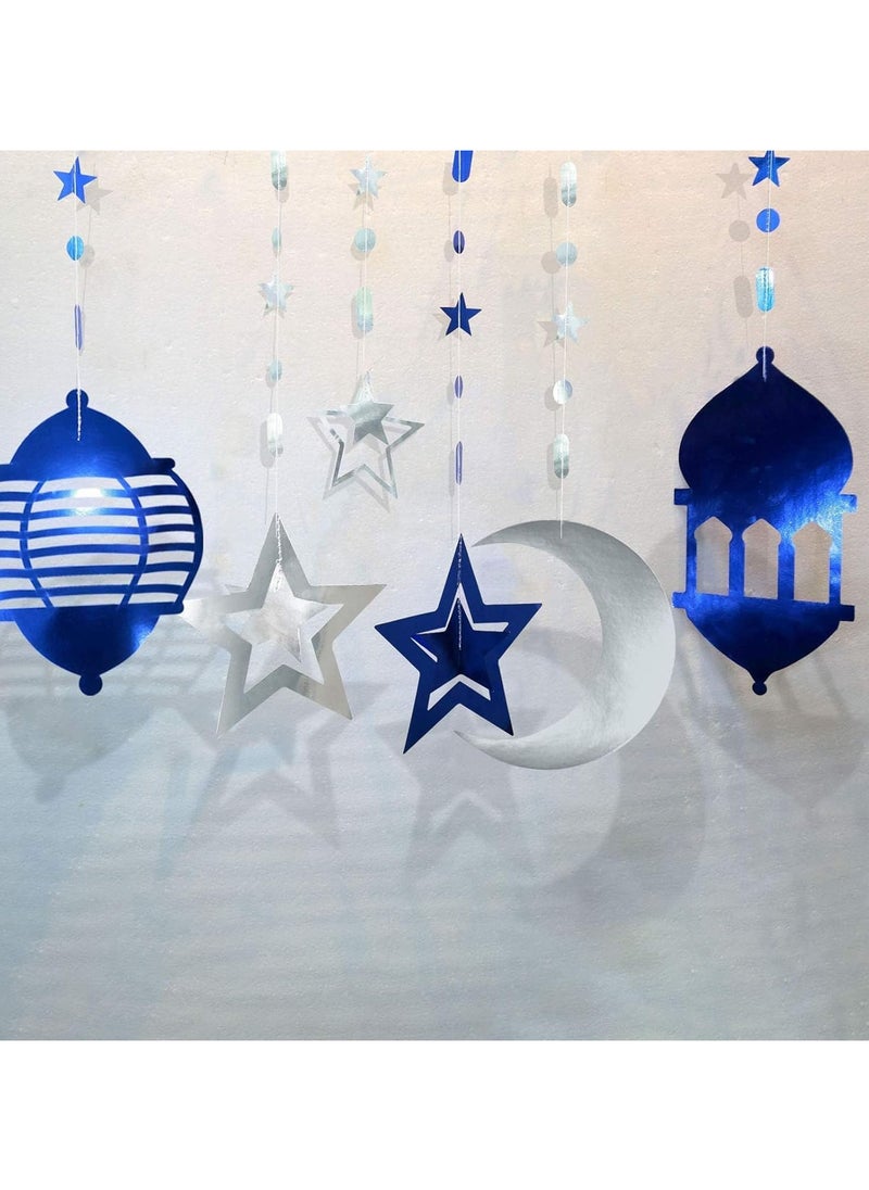 16pcs Gold Star Crescent Moon Lantern Ramadan Garland Eid Decoration Home Happy Ramadan Party Decor Hanging Streamer Wedding Backdrop Banner Ramadan Party Supplies (Blue)