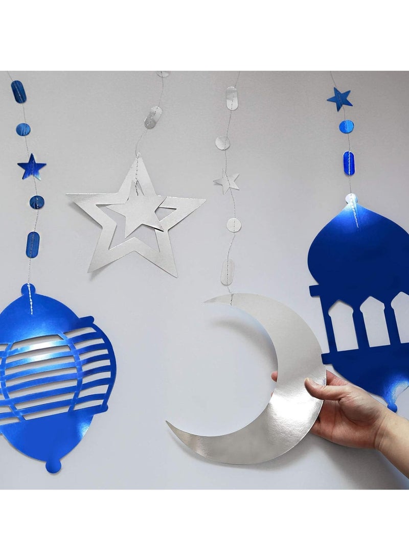 16pcs Gold Star Crescent Moon Lantern Ramadan Garland Eid Decoration Home Happy Ramadan Party Decor Hanging Streamer Wedding Backdrop Banner Ramadan Party Supplies (Blue)