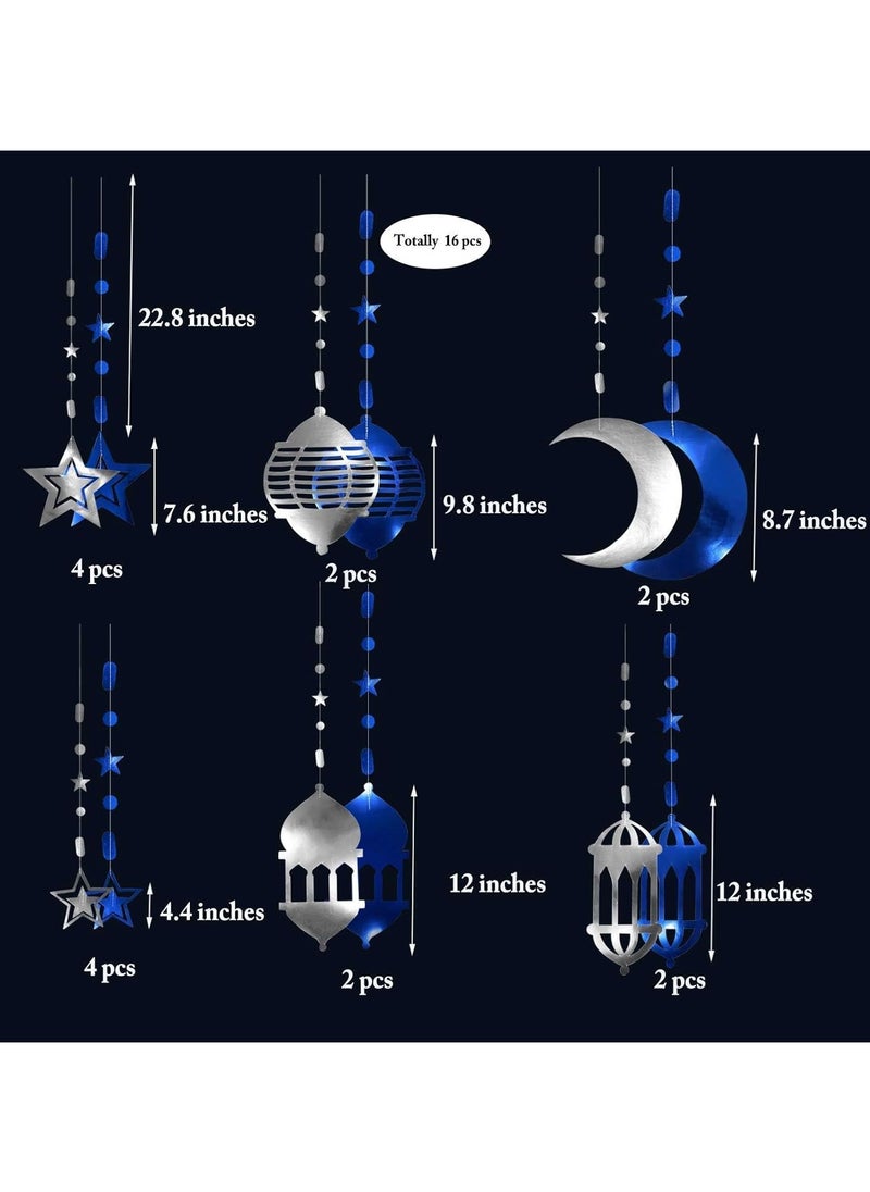 16pcs Gold Star Crescent Moon Lantern Ramadan Garland Eid Decoration Home Happy Ramadan Party Decor Hanging Streamer Wedding Backdrop Banner Ramadan Party Supplies (Blue)