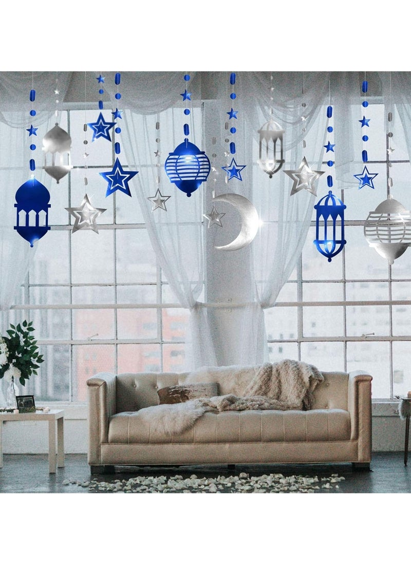 16pcs Gold Star Crescent Moon Lantern Ramadan Garland Eid Decoration Home Happy Ramadan Party Decor Hanging Streamer Wedding Backdrop Banner Ramadan Party Supplies (Blue)