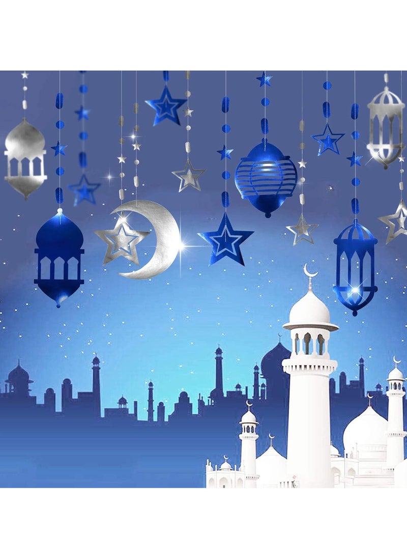 16pcs Gold Star Crescent Moon Lantern Ramadan Garland Eid Decoration Home Happy Ramadan Party Decor Hanging Streamer Wedding Backdrop Banner Ramadan Party Supplies (Blue)