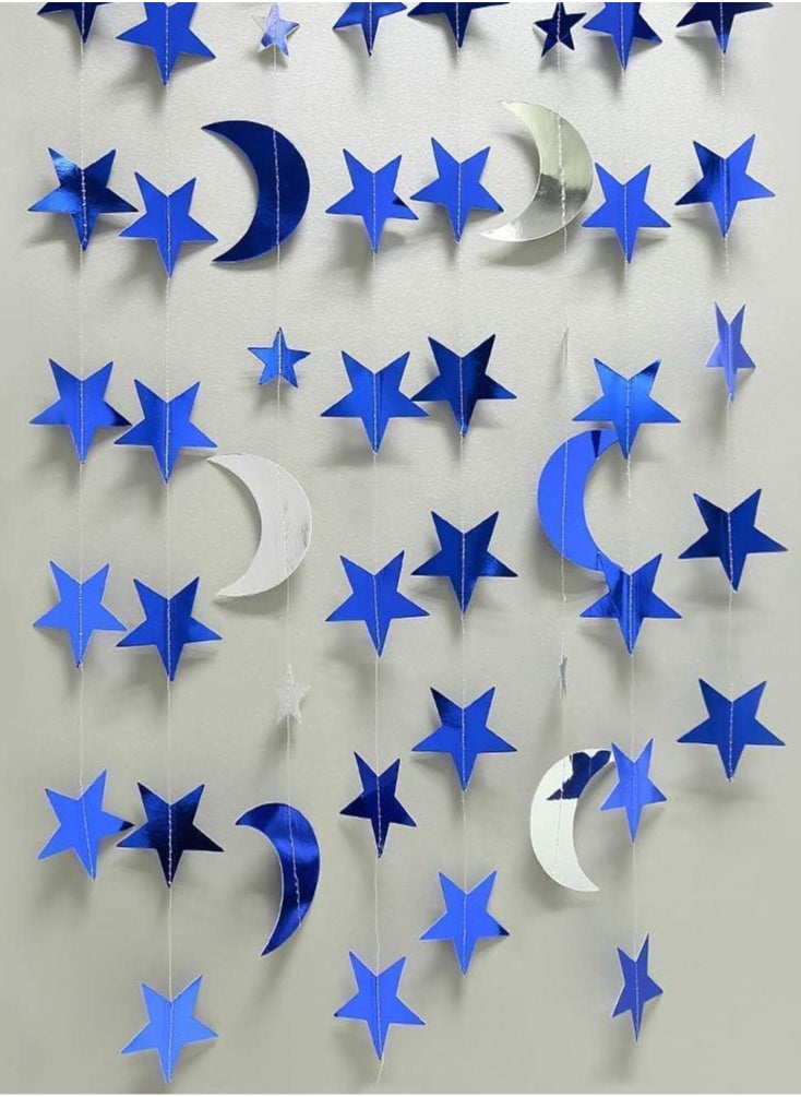 Blue Silver Stars and Moon Garlands Kit,Twinkle Little Star Garand Eid Decoration,Home Happy Ramadan Party Decor Hanging Streamer Wedding Backdrop Banner Ramadan Party Supplies