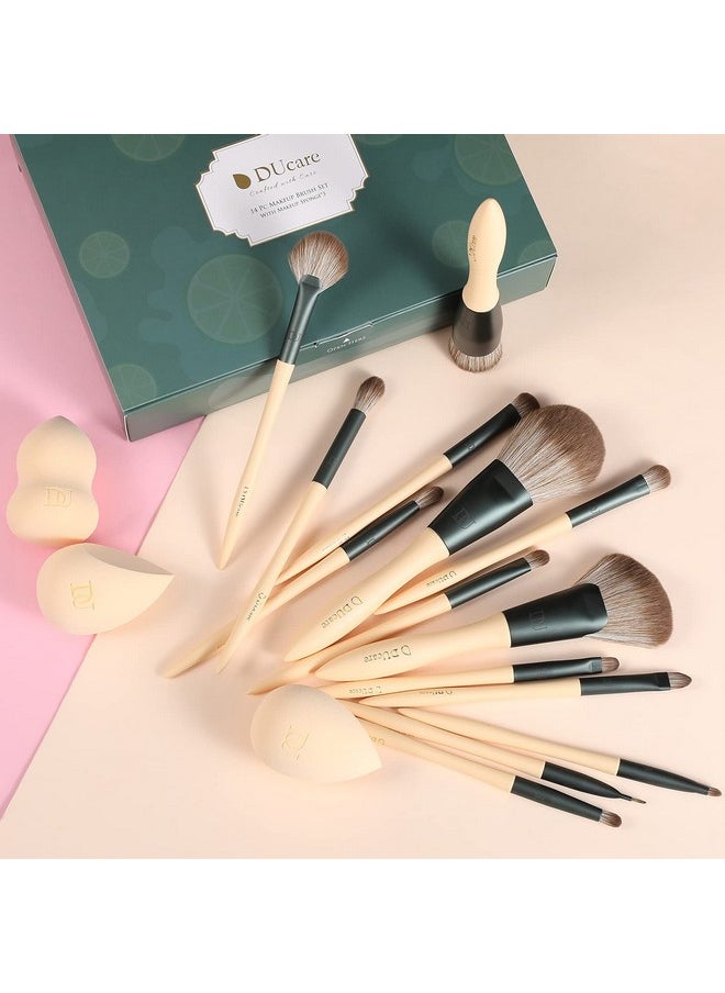 Makeup Brushes 14Pcs With 3Pcs Makeup Spong & Cosmetic Bag - Lime Mojito Series Professional Kabuki Foundation Blending Brush Face Powder Blush Concealers Eye Shadows