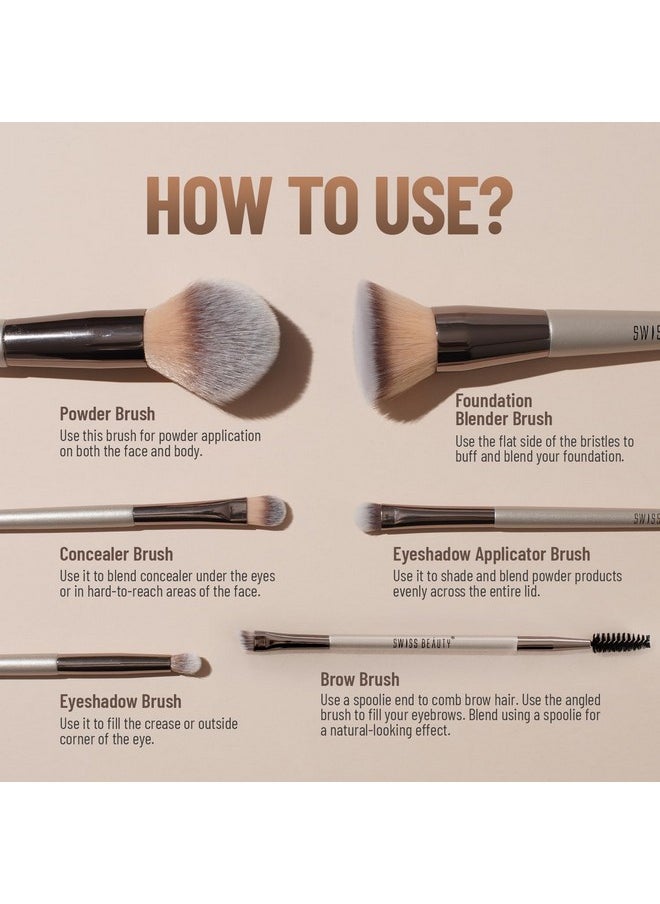 Professional Face & Eye Brush Set Of 6 With Synthetic Fibres And Easy Blending For Cream, Liquid & Powder Formulation