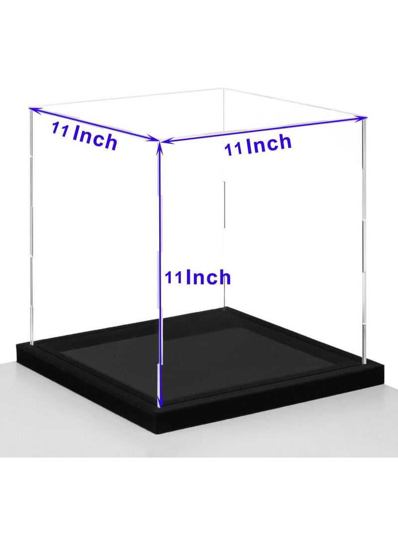 Clear Self-Assembly Acrylic Display Case with Black Velvet Base, Deluxe Dustproof Showcase, Cube Countertop Box for Collectibles, Home Organization (11x11x11 inch)
