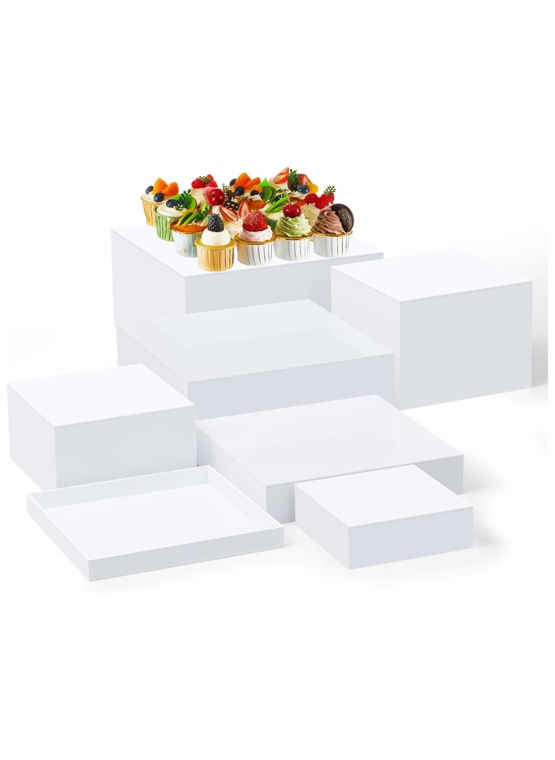 7 Pcs Acrylic Display Box Acrylic Cube 5 Sided Acrylic Box with Hollow Bottom Food Risers for Buffet Table Nesting Acrylic Stands for Display Storage, Square, 7 Size (White)