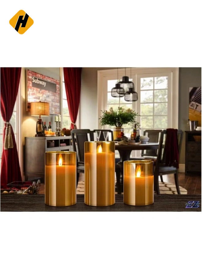 LED Flameless Candles – Battery Operated with Flickering Wick & Real Wax, Gold Glass Pillar, Timer & Remote Control, 4