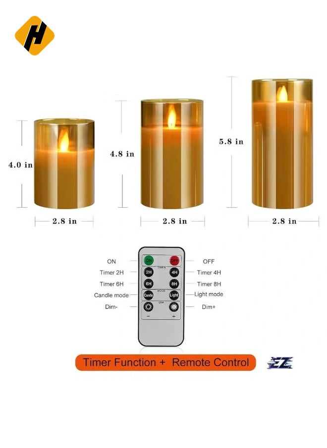 LED Flameless Candles – Battery Operated with Flickering Wick & Real Wax, Gold Glass Pillar, Timer & Remote Control, 4