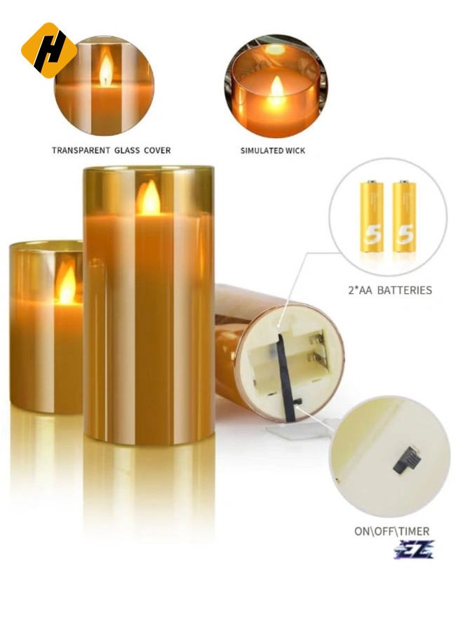 LED Flameless Candles – Battery Operated with Flickering Wick & Real Wax, Gold Glass Pillar, Timer & Remote Control, 4