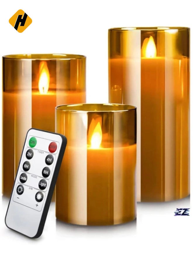 LED Flameless Candles – Battery Operated with Flickering Wick & Real Wax, Gold Glass Pillar, Timer & Remote Control, 4