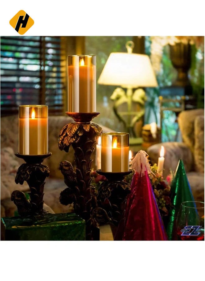 LED Flameless Candles – Battery Operated with Flickering Wick & Real Wax, Gold Glass Pillar, Timer & Remote Control, 4