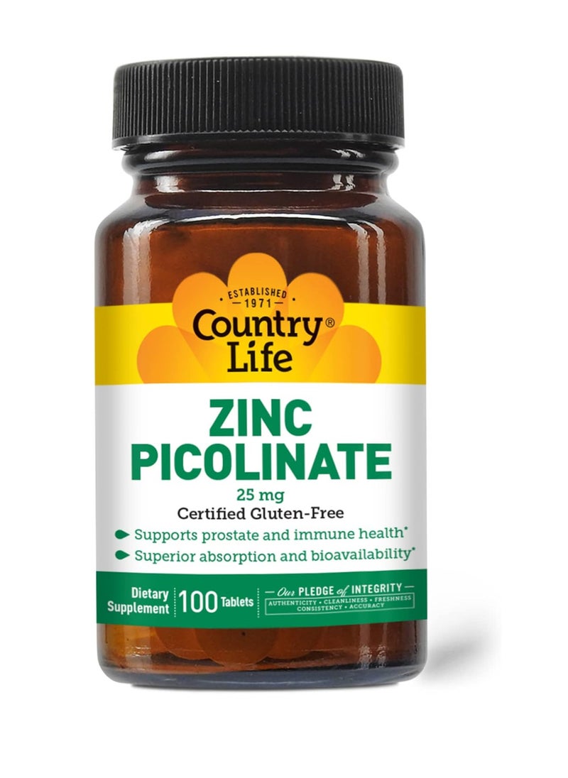 Zinc Picolinate 25 mg - Superior Absorption Zinc Supplement for Immune Support, Prostate Health & Cellular Wellness - Certified Gluten-Free, Vegan & Halal, Non-GMO - 100 Tablets