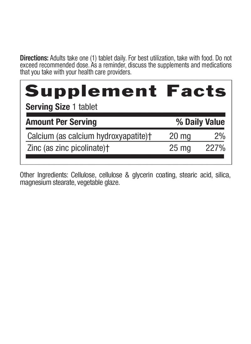 Zinc Picolinate 25 mg - Superior Absorption Zinc Supplement for Immune Support, Prostate Health & Cellular Wellness - Certified Gluten-Free, Vegan & Halal, Non-GMO - 100 Tablets