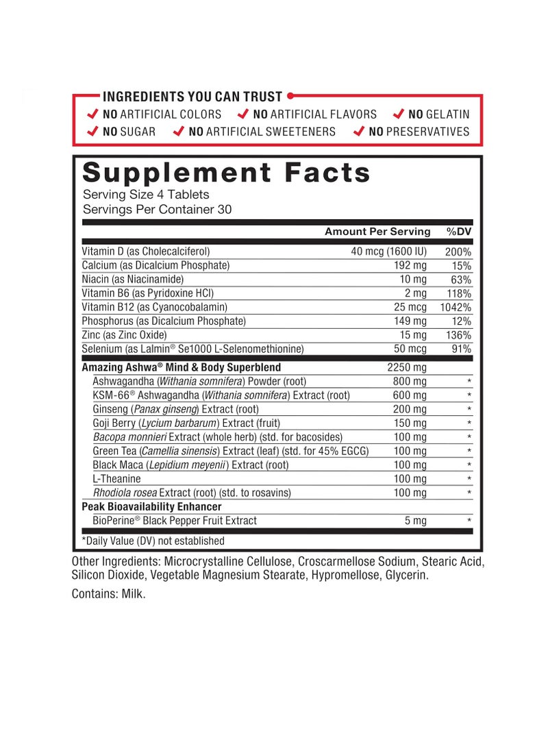 Amazing Ashwa for Stress Relief, Memory, Focus, Immune Health, and Metabolism, Ashwaganda Supplement with KSM-66 Ashwagandha for Stress, 120 Tablets, White Packaging