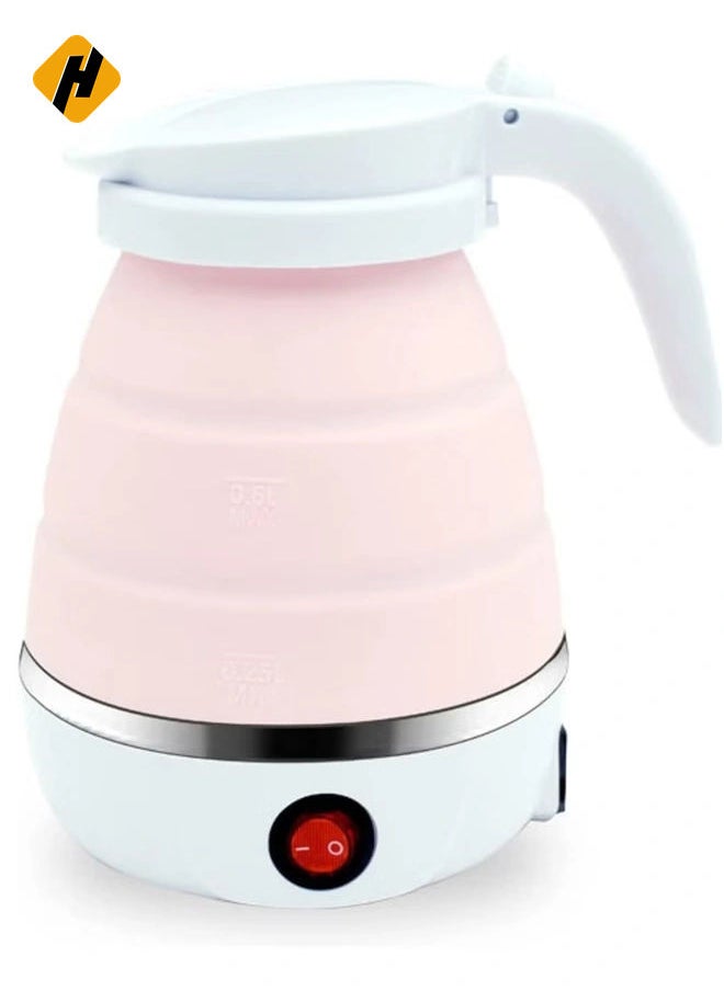 600ml Portable Folding Electric Kettle, Food Grade Silicone Kettle with Separable Power Cord, Mini Collapsible Water Container for Home Kitchen Outdoor (Pink)