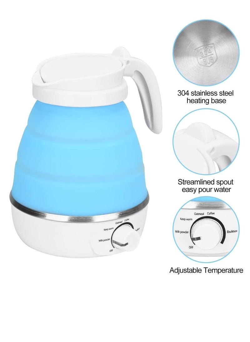 600ml Portable Folding Electric Kettle, Food Grade Silicone Kettle with Separable Power Cord, Mini Collapsible Water Container for Home Kitchen Outdoor (Blue)