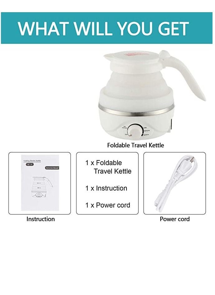 600ml Portable Folding Electric Kettle, Food Grade Silicone Kettle with Separable Power Cord, Mini Collapsible Water Container for Home Kitchen Outdoor (White)