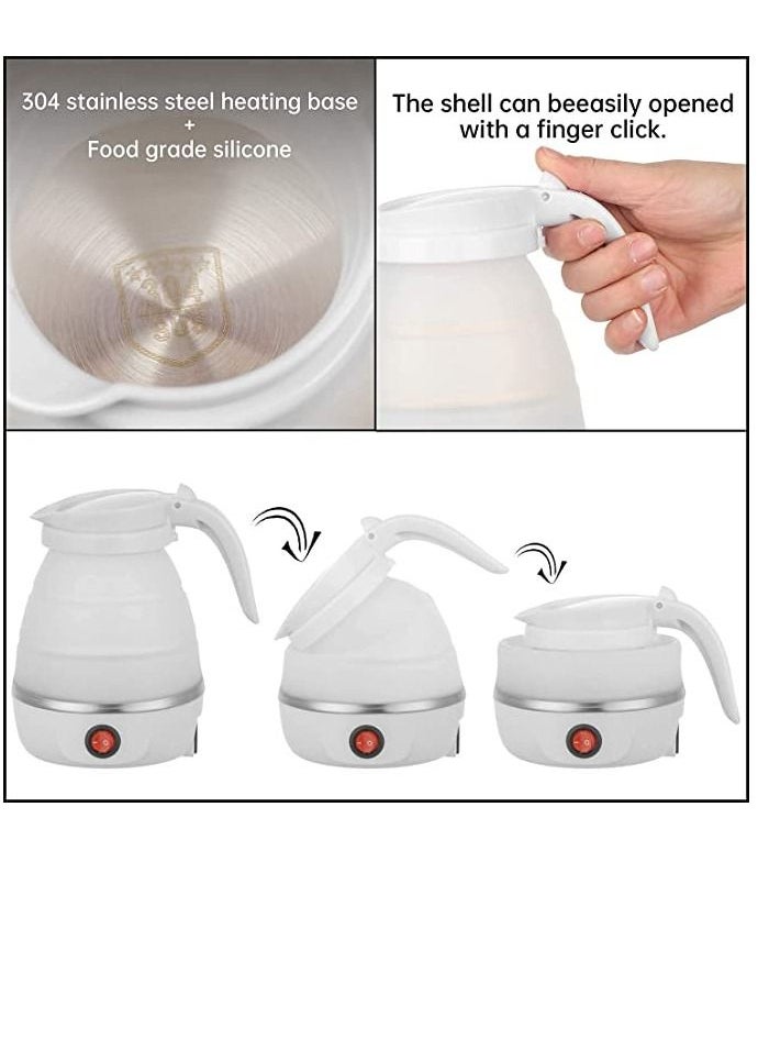 600ml Portable Folding Electric Kettle, Food Grade Silicone Kettle with Separable Power Cord, Mini Collapsible Water Container for Home Kitchen Outdoor (White)