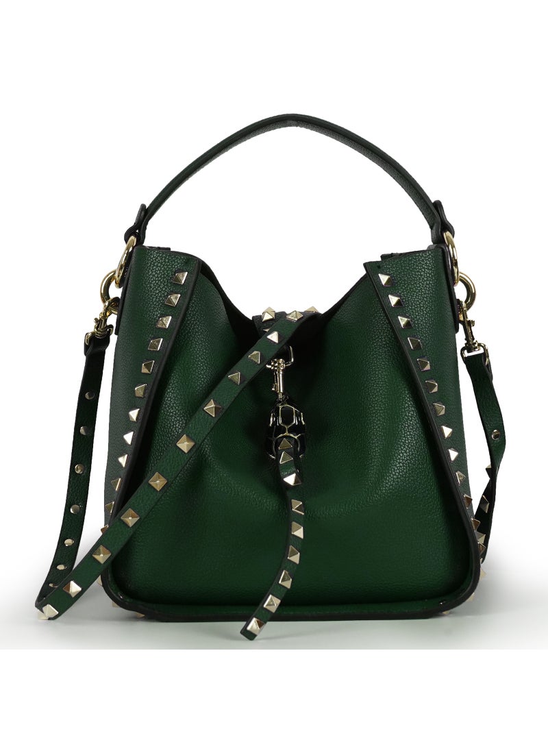 Retro Riveted Leather Tote Bag Set Large dark green