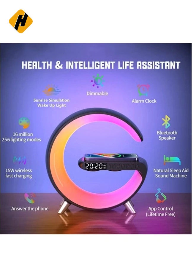 Table Lamp Desk Night Light with 15W Quick Wireless Charger and Bluetooth Speaker, Desk Lamp with Alarm Clock and 256 RGB Light Modes Bedroom Lamp As Sleep Aid White Noise Machine
