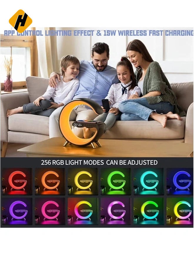 Table Lamp Desk Night Light with 15W Quick Wireless Charger and Bluetooth Speaker, Desk Lamp with Alarm Clock and 256 RGB Light Modes Bedroom Lamp As Sleep Aid White Noise Machine