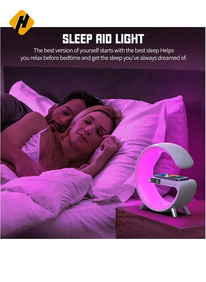 Table Lamp Desk Night Light with 15W Quick Wireless Charger and Bluetooth Speaker, Desk Lamp with Alarm Clock and 256 RGB Light Modes Bedroom Lamp As Sleep Aid White Noise Machine