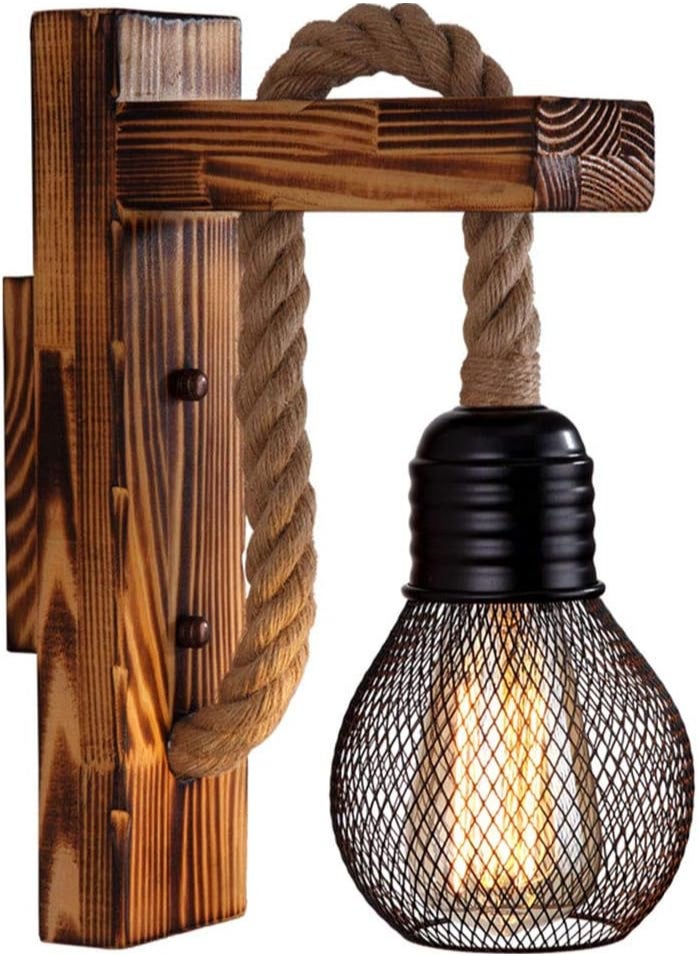 Rustic Wall Lamp with Rope Design, Vintage Wooden Base, Industrial Mesh Shade for Home Decor