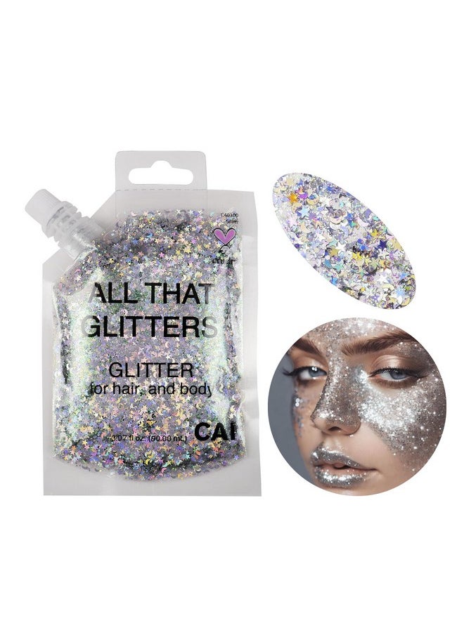 Body Glitter Gel- Face, Body & Hair (1 Pk Silver) Chunky Iridescent Holograph Stars & Moon, 3 Oz | Cosmetic-Grade Makeup, Apply Without Glue, Easy To Take Off & Keep Skin Clean - For Concerts, Raves