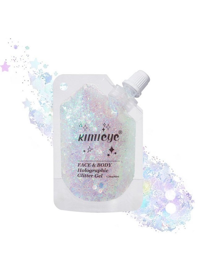 Holographic Face Glitter Gel Body Shimmer Makeup For For Hair, Face, Clavicle, Arm, Nail, Eyeshadow, Long Lasting Waterproof Mermaid Sequins Party Glitter For Rave Festival, 1.35Oz (Laser White #9)