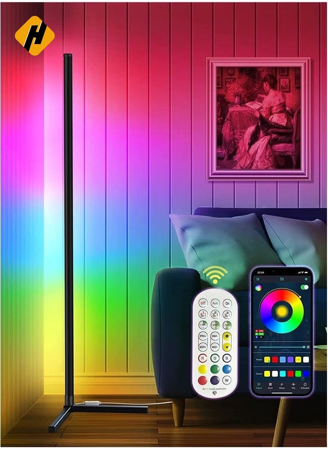 RGB Color Changing Corner Lamp, Smart LED Floor Lamp Controlled by APP And Remote with Reactive Music Mode and DIY Mode, Dimmable LED Modern Floor Lamp 125cm Metal Standing Lamp