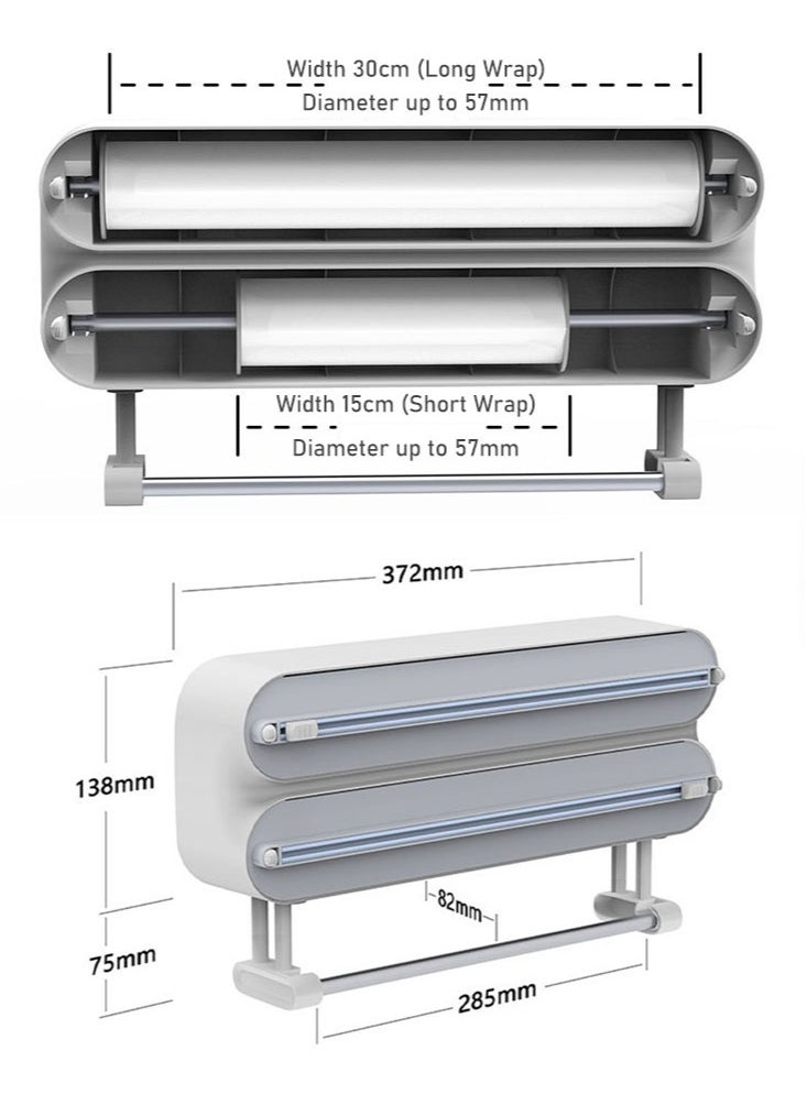 3in1 Magnetic Wrap Dispenser and Organizer for Aluminum Foil Plastic Wrap, Cling Film, Tin Foil, Wax Paper, and Paper Towels