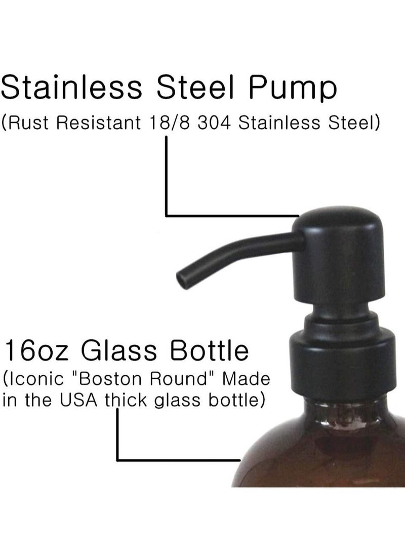 2 Pack Thick Amber Glass Pint Jar Soap Dispenser,16ounce Boston Round Bottles Dispenser for Lotion Soap