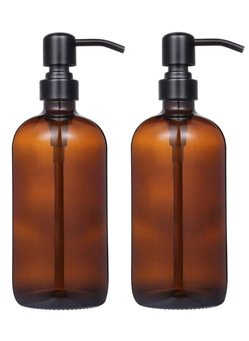 2 Pack Thick Amber Glass Pint Jar Soap Dispenser,16ounce Boston Round Bottles Dispenser for Lotion Soap