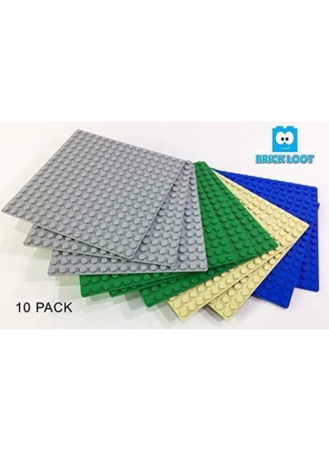 Toy Brick Compatible 5 X 5 In. Baseplates For Toy Model Construction Sets - 16X16 Variety Base Plate - Fits All Major Brands - Grey, Green, Blue, And Tan (10-Pack)