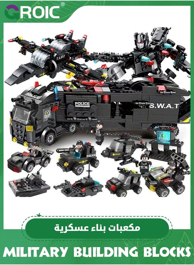 8 IN 3 City Police Station Building Kit,Police SWAT Mobile Command Center Truck Toy Building Set,with Police Station Toy, Police Car Toy, Helicopter Toy,Fun Roleplay Police Toys