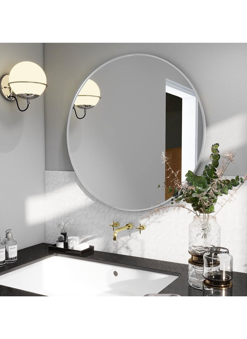 Round Bathroom Mirror, 24 inch Circle Dressing Mirror, Round Wall Mirror with Simple Metal Frame, Modern Round Hanging Mirror for Bathroom, Hallway, Living Room (White)