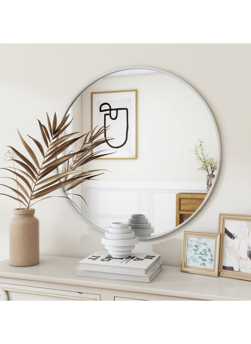 Round Bathroom Mirror, 24 inch Circle Dressing Mirror, Round Wall Mirror with Simple Metal Frame, Modern Round Hanging Mirror for Bathroom, Hallway, Living Room (White)